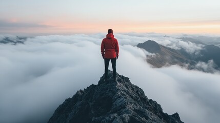 A person in a red jacket stands at the peak of a rocky mountain, overlooking a breathtaking sunrise above the clouds, highlighting the vastness and beauty of nature.