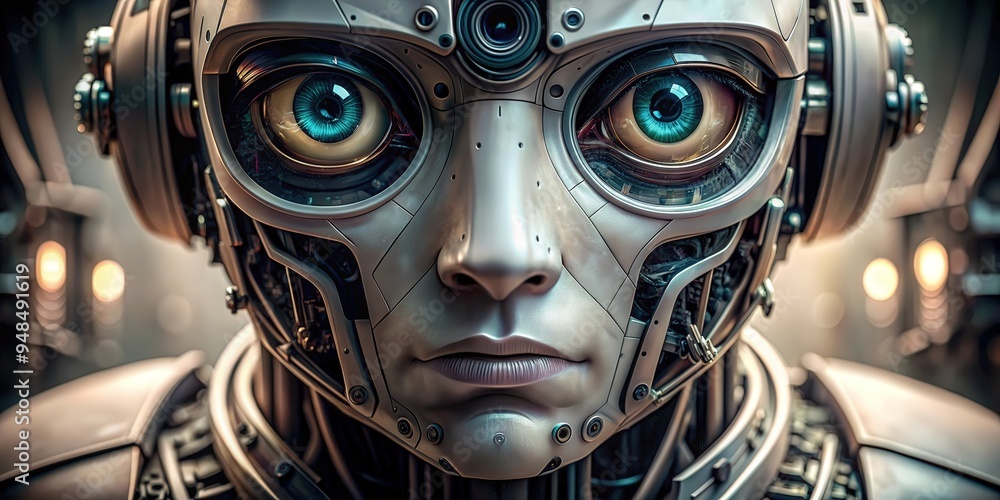 Poster Closeup view of robot eyes with intricate details and textures, technology, artificial intelligence, robotics, futuristic
