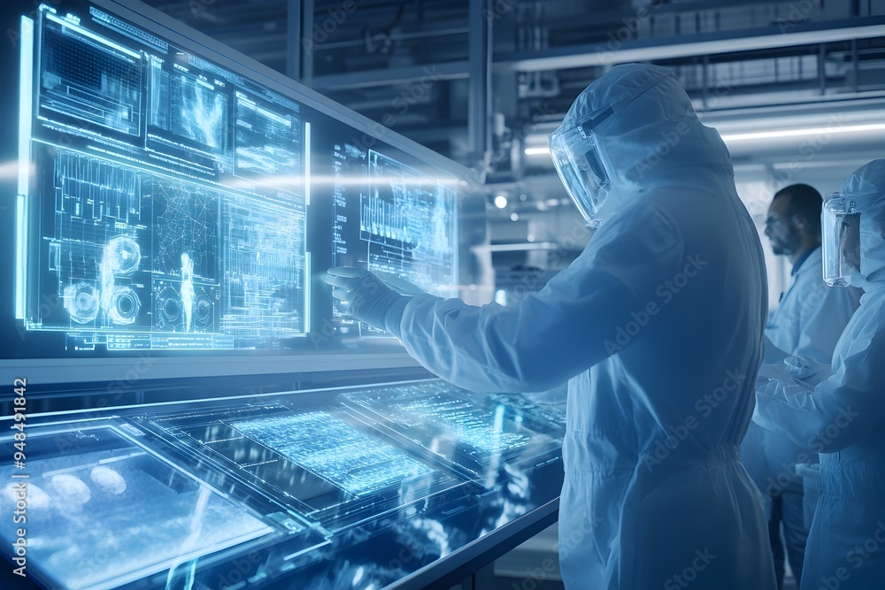 Poster futuristic laboratory setting with a team of scientists conducting an experiment using advanced holo