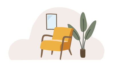 Fototapeta premium Hand drawn living room vector illustration, icon. Retro Scandinavian interior. Armchair furniture with green potted plant and picture frame on wall. Cartoon lifestyle home composition. Flat design