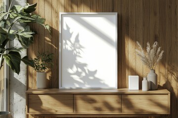 Poster Frame Mockup on Wooden Interior Background created with Generative AI