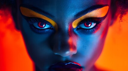 A close-up of a model's face with sharp Halloween makeup and high-contrast lighting