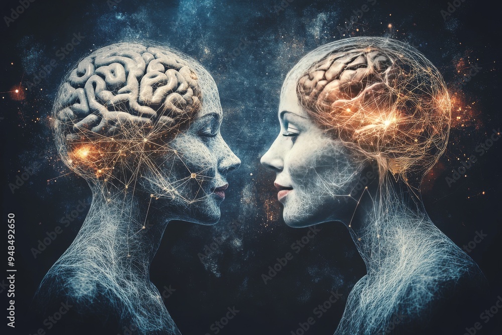 Poster abstract representation of two heads with glowing brain visuals symbolizing the duality and synergy 