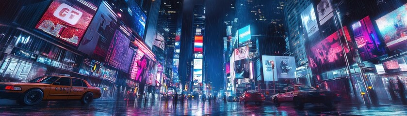 Obraz premium Vibrant cityscape featuring illuminated billboards and bustling streets at night, capturing the energy of urban nightlife.