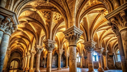 Obraz premium Majestic ancient stone pillars with intricate carvings support a grand arched ceiling in a serene, naturally lit interior of a historic architectural wonder.