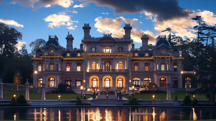 Wide-angle of a Huge white mansion at the day