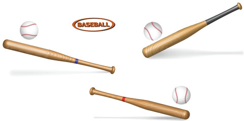 An illustration of three wooden baseball bats, each accompanied by a baseball. The bats vary in design with different colored grips, including blue, red, and black accents. A baseball logo