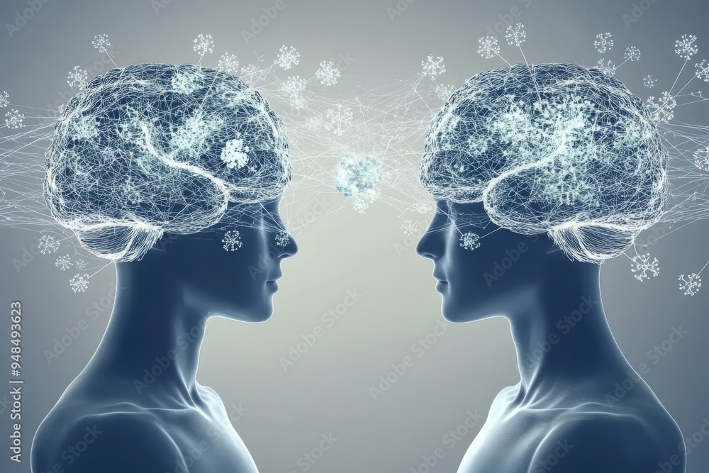 Poster abstract image of two heads with winter themed glowing brains symbolizing the cold and contemplative