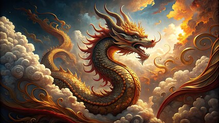 Obraz premium Majestic dragon emerges from swirling clouds of gold and crimson, surrounded by intricate, ornate details in a grandiose, baroque-inspired artwork of mythical proportions.