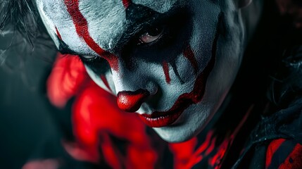 A high-contrast image of a model in spooky Halloween face paint and costume