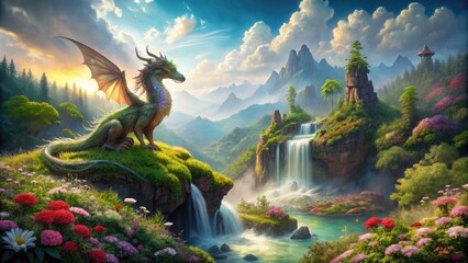Fototapeta premium Majestic dragon perches atop misty waterfall, surrounded by lush greenery and vibrant flowers, in a whimsical fantasy landscape with rolling hills and towering trees.