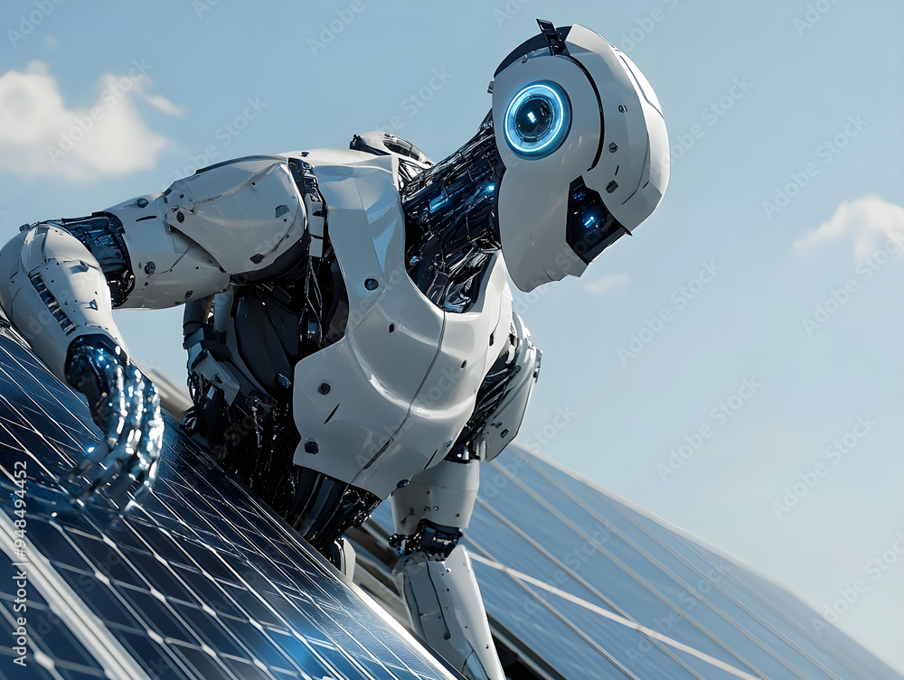 Aufkleber a high-tech humanoid robot closely examining solar panels, symbolizing advanced technology and ai in