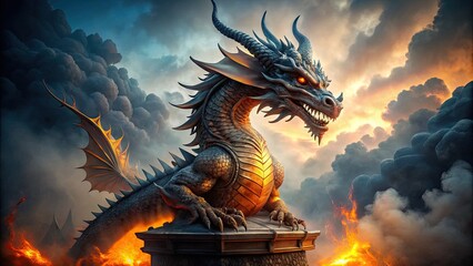 Fototapeta premium Majestic dragon sculpture with intricate scales and fiery eyes, rising from a pedestal amidst mystical fog, exuding ancient power and mythical grandeur.
