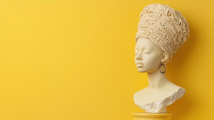 Statue in pastel yellows, with modern tech, symbolizing the enduring relevance of ancient art