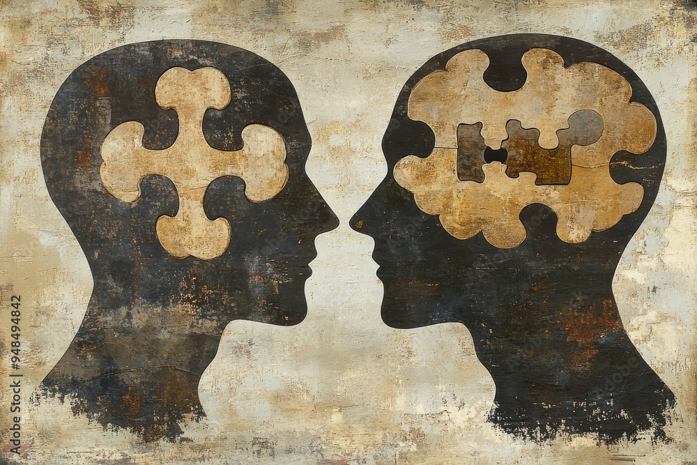 Poster vintage style silhouette of two heads with puzzle piece brains symbolizing the complexity and interc