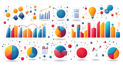 Analytical Graphs: Vector illustration of various analytical business graphs with vibrant colors, neatly arranged on a white background for clear data presentation.