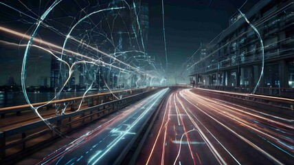 Futuristic Highway with Digital Overlay and Light Trails at Night - Generated AI