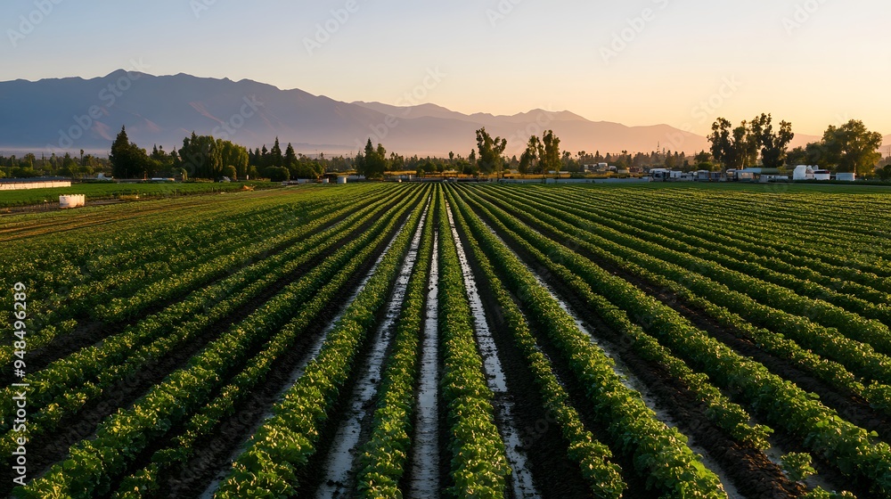Poster 66. **a modern farm with automated irrigation systems watering rows of crops.