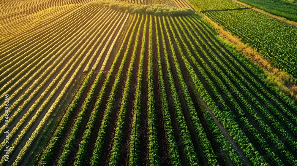 Poster 66. **a modern farm with automated irrigation systems watering rows of crops.
