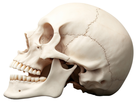 Side view of a human skull on a plain background, showing detailed bone structure and teeth.