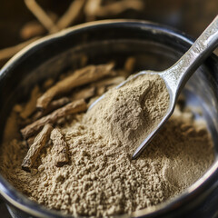 Licorice root powder being sifted and prepared for use in Ayurvedic supplements