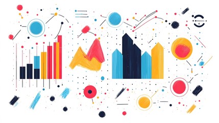 Obraz premium Colorful Data Analysis: A vector illustration of colorful business data graphs, including line charts and bar graphs, on a minimalist white background.