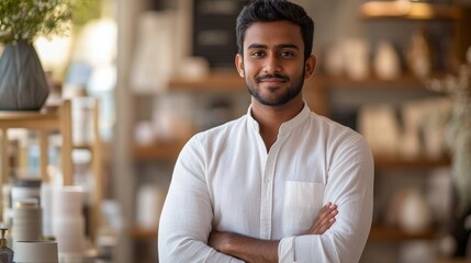 Fototapeta premium A happy Sri Lankan standing in their upscale boutique confidence and success