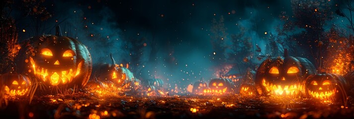 spooky halloween background with pumpkins, ghosts, and eerie moonlight