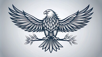 Fototapeta premium Majestic eagle silhouette in bold line drawing style, perched on a branch with outstretched wings, set against a clean white minimalist background.