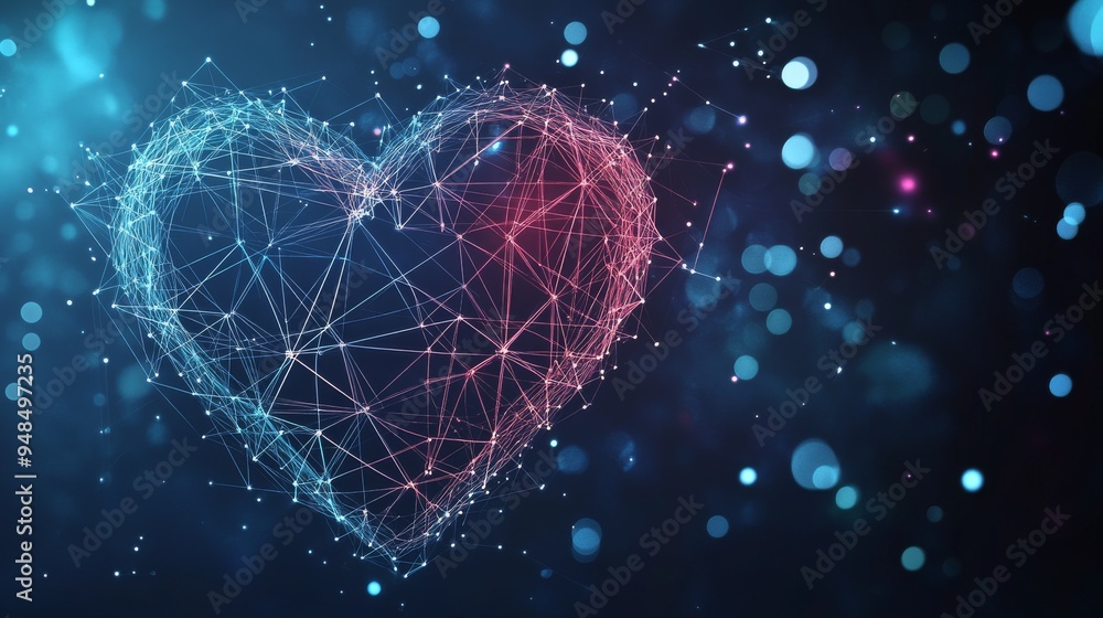 Poster digital connection theme heart outline created from a series of connected dots and lines