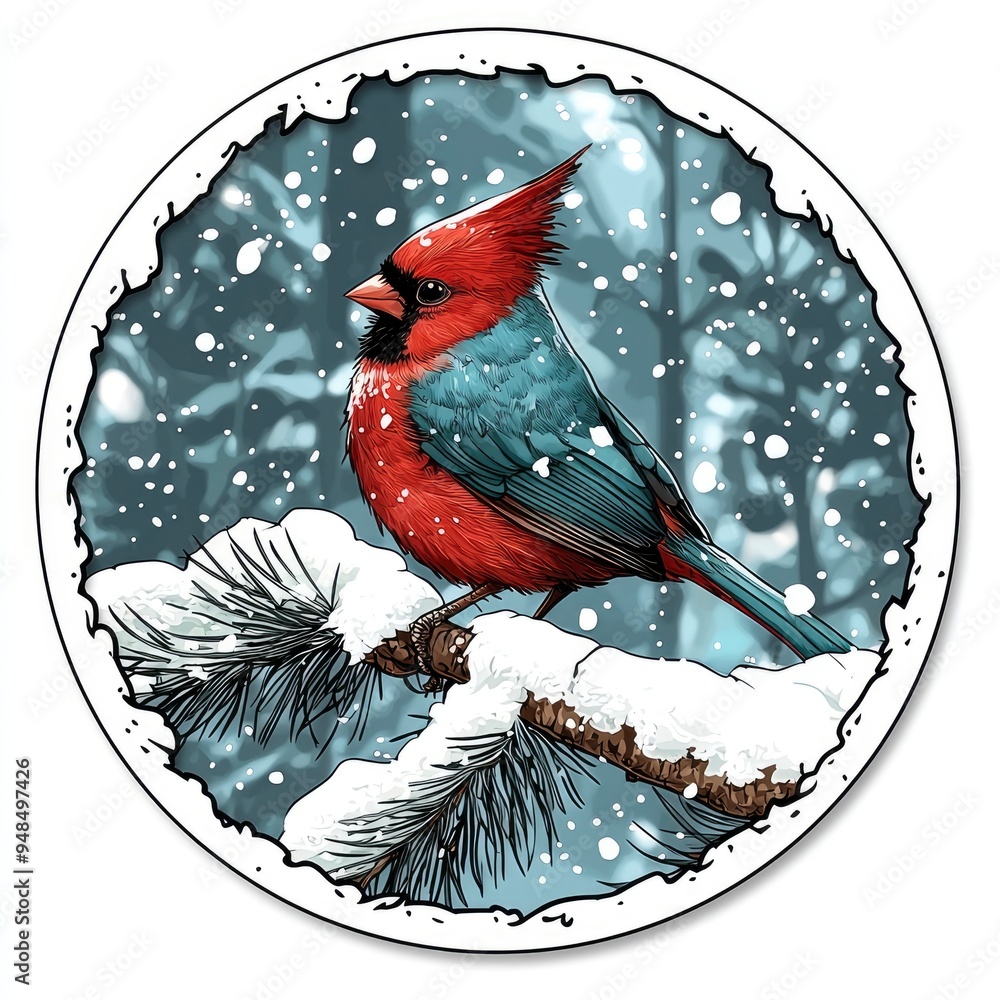 Wall mural Red Cardinal Perched on Snow-Covered Branch in Winter Forest