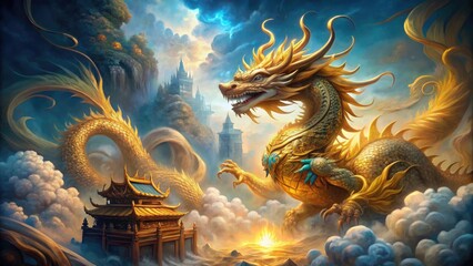 Obraz premium Majestic golden dragon emerges from swirling mist, surrounded by ancient scrolls and mystical artifacts, in a vibrant, intricately detailed, legendary fantasy artwork scene.