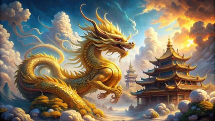 Fototapeta premium Majestic golden dragon stands proudly amidst vibrant grand illustration, surrounded by swirling clouds, intricate patterns, and majestic architecture, evoking mythical wonder 