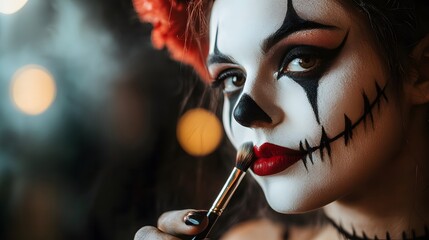 A model getting Halloween makeup applied in a minimalist high-contrast style