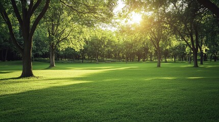 Obraz premium A peaceful park scene with open green spaces and trees, offering plenty of copy space for text or messages.