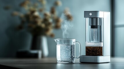 A hot water dispenser on a wooden table, releasing steam into the air. A clear glass pitcher of steaming water is placed next to it, with a blurred floral background.