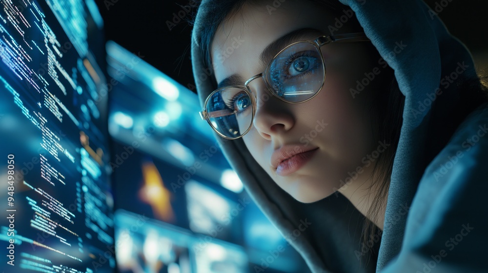 Aufkleber young female programmer coding late at night, cybersecurity, digital data analysis, futuristic techn