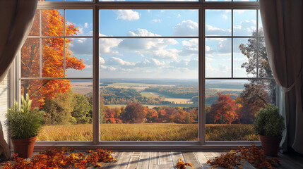 A window with a view of a field of trees in autumn