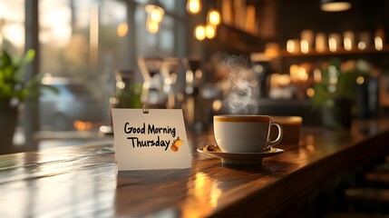 Minimalist Wooden Desk With 3D Rendered Thursday Morning Note and Coffee Cup