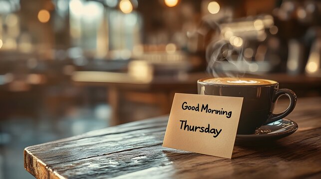Minimalist 3D Rendered Note with Coffee Cup on Wooden Desk for Good Morning Thursday
