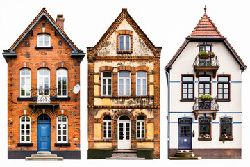 Obraz premium A collection of three traditional European houses showcasing classic architecture, detailed facades, and brick exteriors.