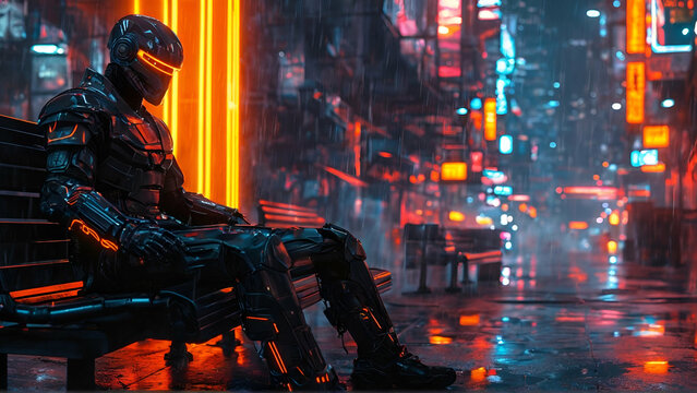 a man in robocop costume sitting in a bench in the middle of a city with neon lights