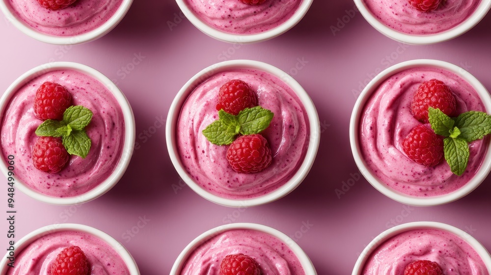 Aufkleber a close-up view of multiple cups of vibrant raspberry yogurt decorated with fresh raspberries and mi