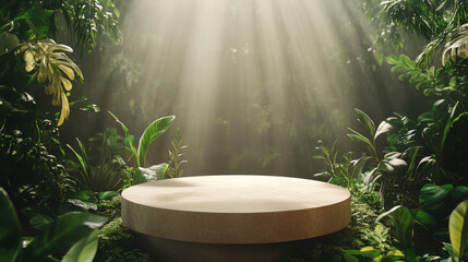 Studio podium backdrop for product display featuring natural elements, with cinematic lighting and a pedestal surrounded by plants for cosmetics or beauty product promotion.