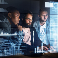 Software development hologram, man and team with computer at night for typing source code and graph...
