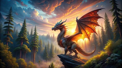 Majestic mythical dragon with scales glinting in sunlight, wings outstretched, and fiery breath illuminating a misty, ancient forest landscape with mystical aura.