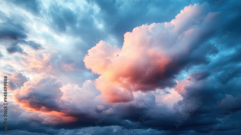 Poster dynamic evening clouds with vibrantly colored edges and patches of blue sky, juxtaposed against the 