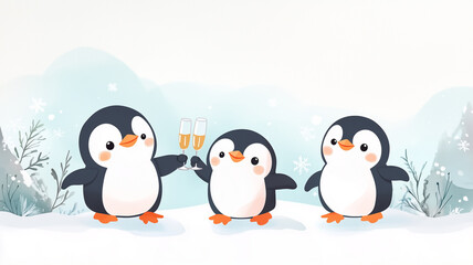 Obraz premium Cartoon penguins having a party with champagne glasses, surrounded by a snowy watercolor landscape, cute and festive