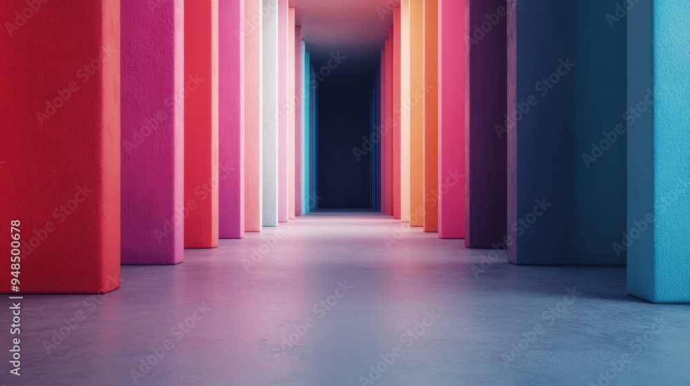 Poster a long hallway with vibrant, multi-colored vertical pillars creating a dynamic, abstract visual expe
