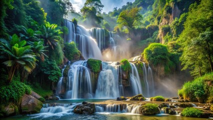 Majestic waterfall cascades down rocky cliffside, creating mesmerizing patterns with rippling water and mist, surrounded by lush green tropical foliage and ancient tree trunks.